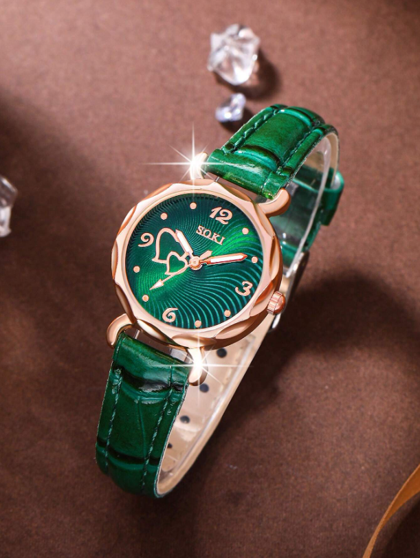 Orologio da donna casual alla moda con quadrante a forma di pesca e Set di gioielli con 5 pezzi di collana