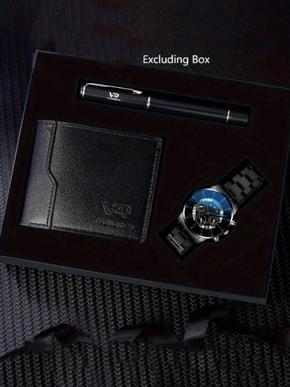 3 pezzi / Set Orologio da uomo semplice e alla moda in quarzo con portafoglio e penna