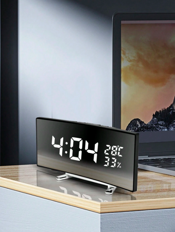 Specchio curvo con LED, sveglia elettronica, multifunzionale con grande schermo