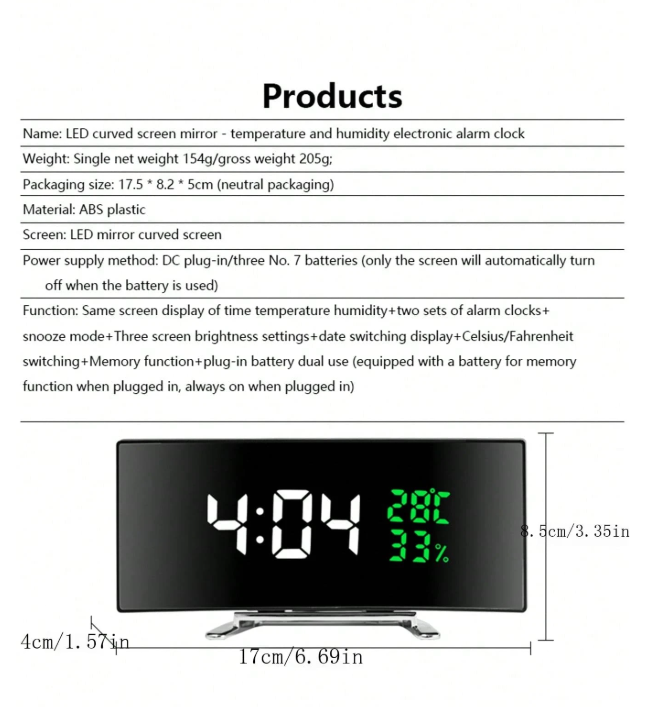 Specchio curvo con LED, sveglia elettronica, multifunzionale con grande schermo
