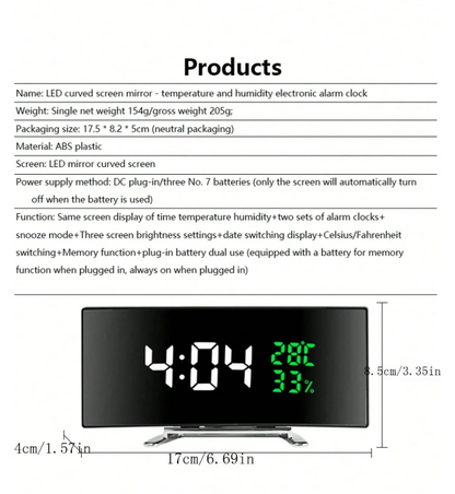 Specchio curvo con LED, sveglia elettronica, multifunzionale con grande schermo