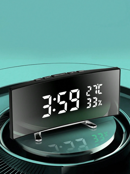 Specchio curvo con LED, sveglia elettronica, multifunzionale con grande schermo