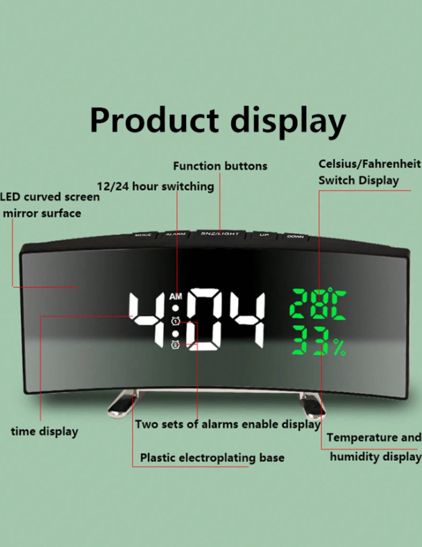 Specchio curvo con LED, sveglia elettronica, multifunzionale con grande schermo