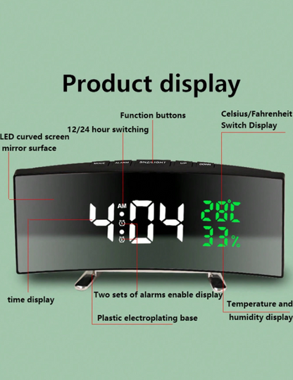Specchio curvo con LED, sveglia elettronica, multifunzionale con grande schermo
