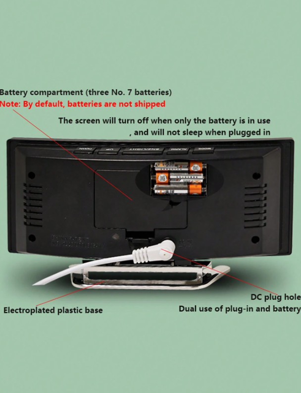 Specchio curvo con LED, sveglia elettronica, multifunzionale con grande schermo