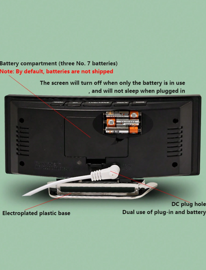 Specchio curvo con LED, sveglia elettronica, multifunzionale con grande schermo