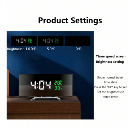 Specchio curvo con LED, sveglia elettronica, multifunzionale con grande schermo