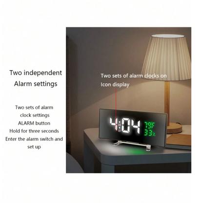 Specchio curvo con LED, sveglia elettronica, multifunzionale con grande schermo