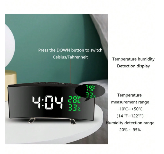 Specchio curvo con LED, sveglia elettronica, multifunzionale con grande schermo