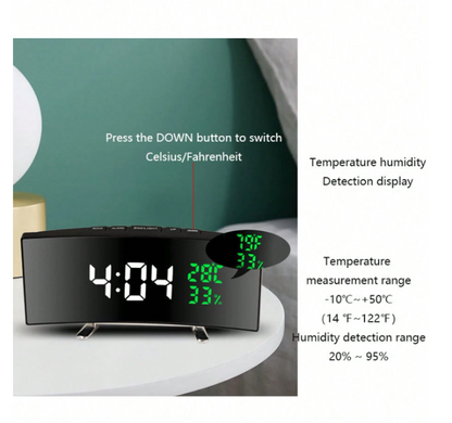 Specchio curvo con LED, sveglia elettronica, multifunzionale con grande schermo