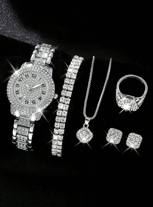 Orologio al quarzo in argento alla moda con numeri romani pieni di diamanti