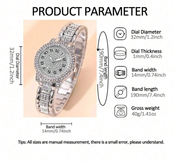 Orologio al quarzo in argento alla moda con numeri romani pieni di diamanti