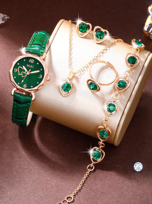 Orologio da donna casual alla moda con quadrante a forma di pesca e Set di gioielli con 5 pezzi di collana