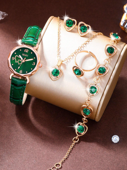 Orologio da donna casual alla moda con quadrante a forma di pesca e Set di gioielli con 5 pezzi di collana